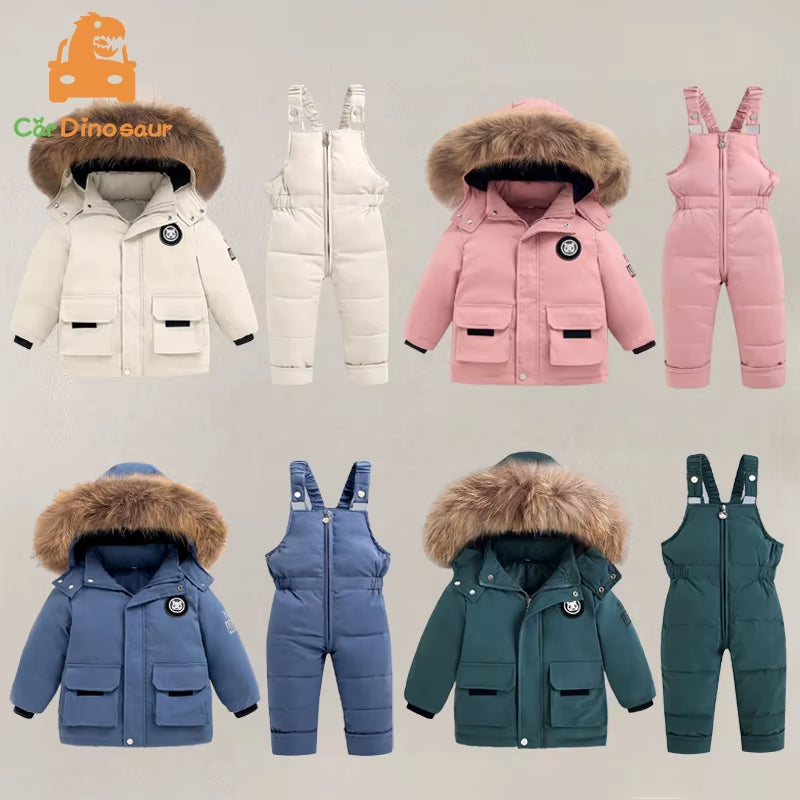Snow Winter Warm New 2 3 4 5 6 Year Children Baby Thicken Fur Hooded Jacket+Overalls Suit 2Pcs Duck down Set for Kids Girls Boys