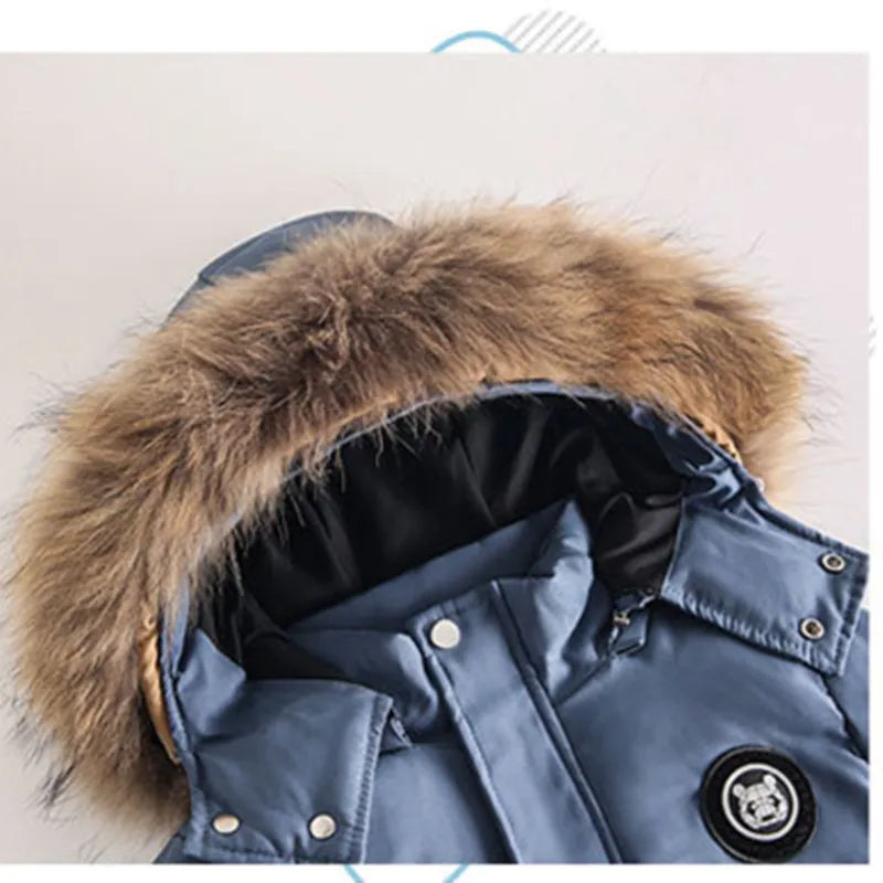 Snow Winter Warm New 2 3 4 5 6 Year Children Baby Thicken Fur Hooded Jacket+Overalls Suit 2Pcs Duck down Set for Kids Girls Boys