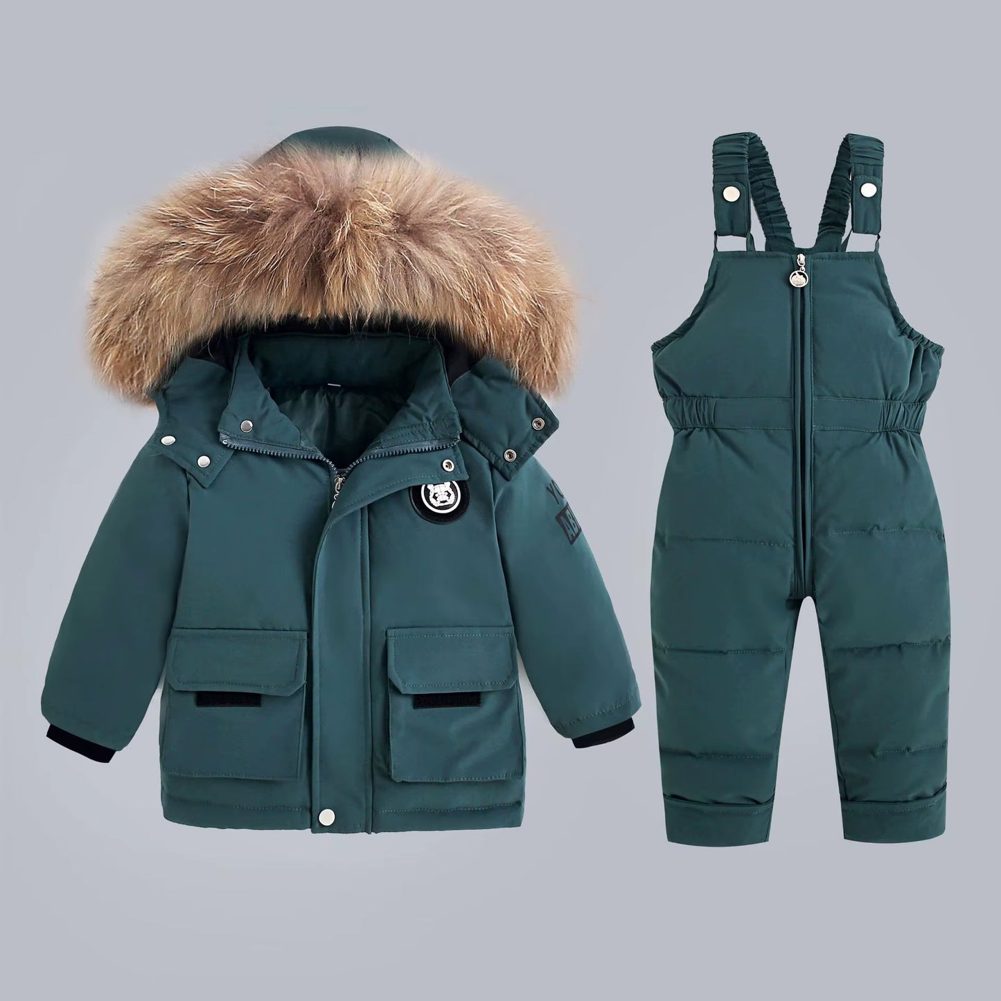 Snow Winter Warm New 2 3 4 5 6 Year Children Baby Thicken Fur Hooded Jacket+Overalls Suit 2Pcs Duck down Set for Kids Girls Boys