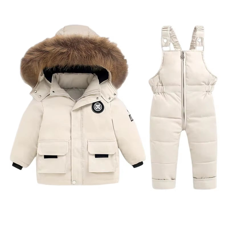 Snow Winter Warm New 2 3 4 5 6 Year Children Baby Thicken Fur Hooded Jacket+Overalls Suit 2Pcs Duck down Set for Kids Girls Boys