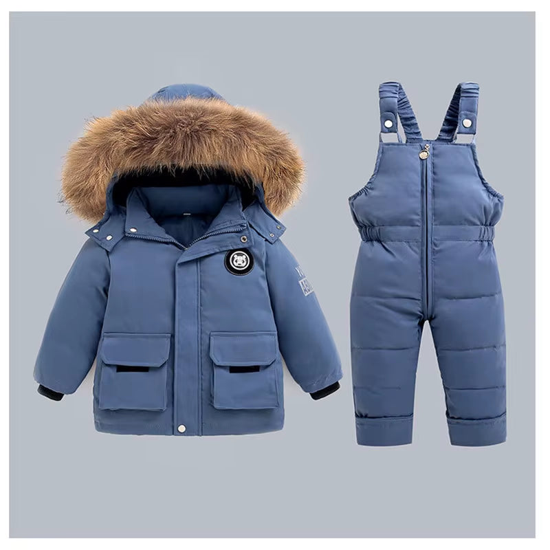 Snow Winter Warm New 2 3 4 5 6 Year Children Baby Thicken Fur Hooded Jacket+Overalls Suit 2Pcs Duck down Set for Kids Girls Boys
