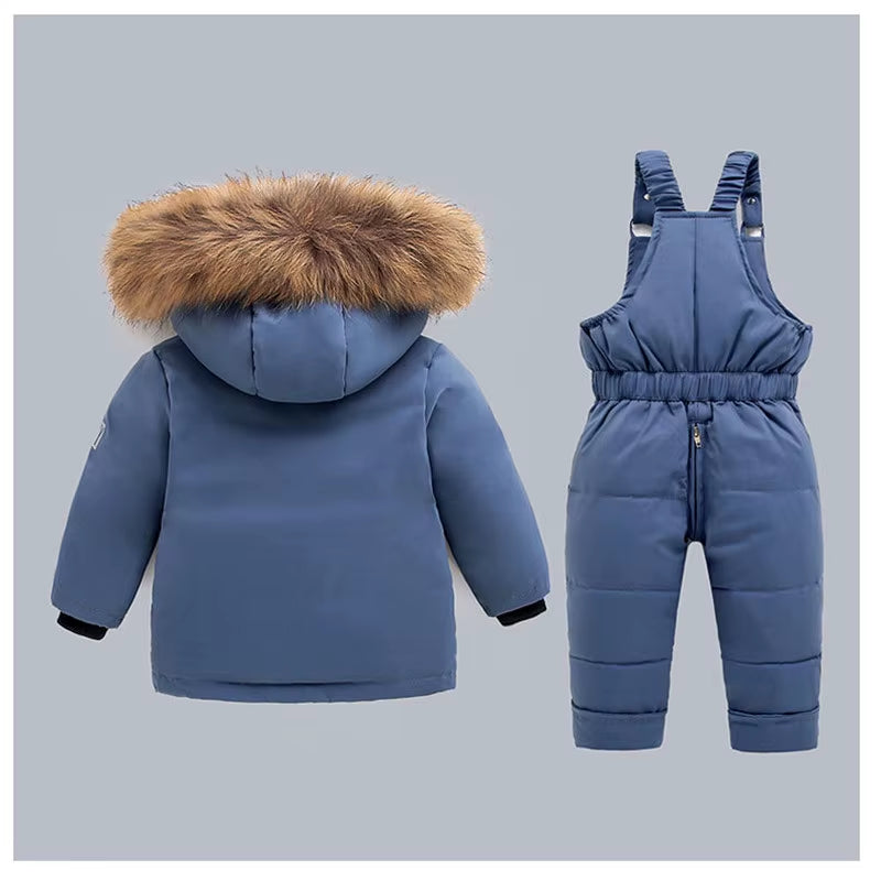 Snow Winter Warm New 2 3 4 5 6 Year Children Baby Thicken Fur Hooded Jacket+Overalls Suit 2Pcs Duck down Set for Kids Girls Boys