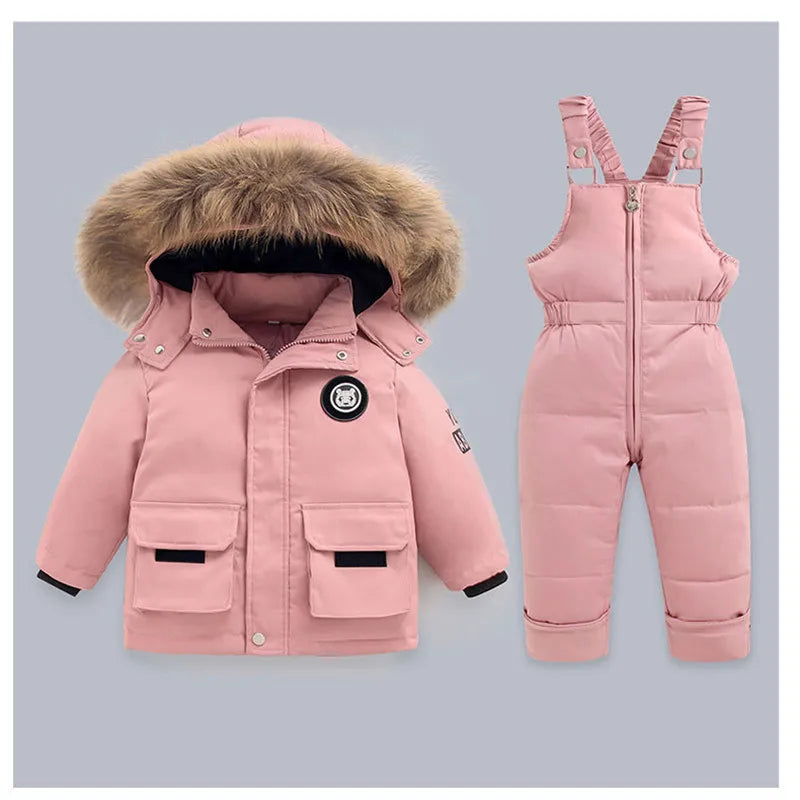 Snow Winter Warm New 2 3 4 5 6 Year Children Baby Thicken Fur Hooded Jacket+Overalls Suit 2Pcs Duck down Set for Kids Girls Boys