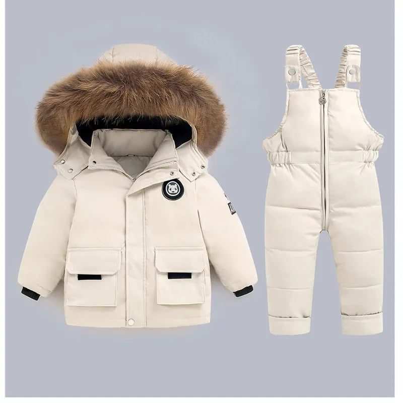 Snow Winter Warm New 2 3 4 5 6 Year Children Baby Thicken Fur Hooded Jacket+Overalls Suit 2Pcs Duck down Set for Kids Girls Boys